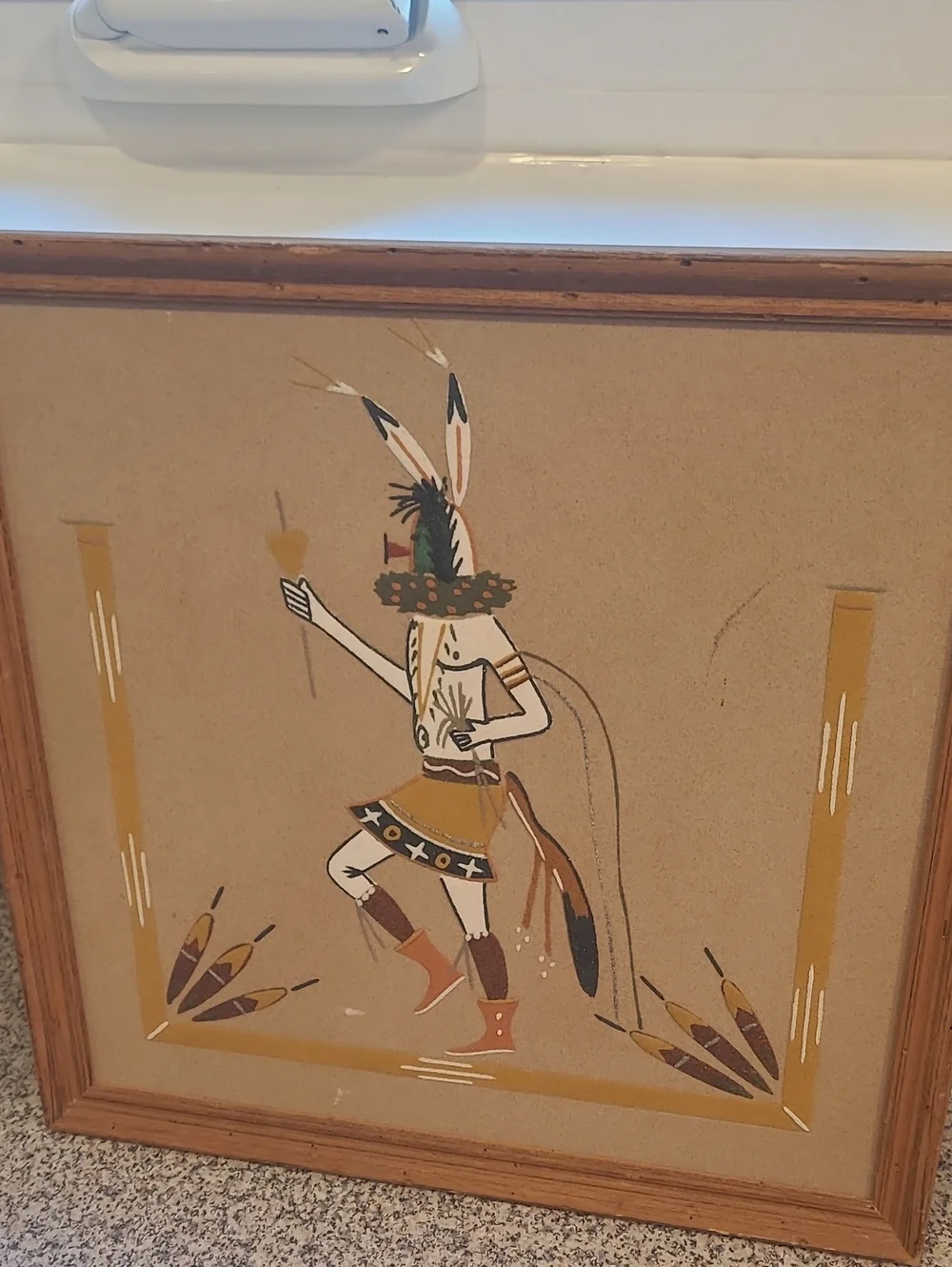 Vintage Framed Southwestern Sand Art Painting – Kokopelli Style Native American